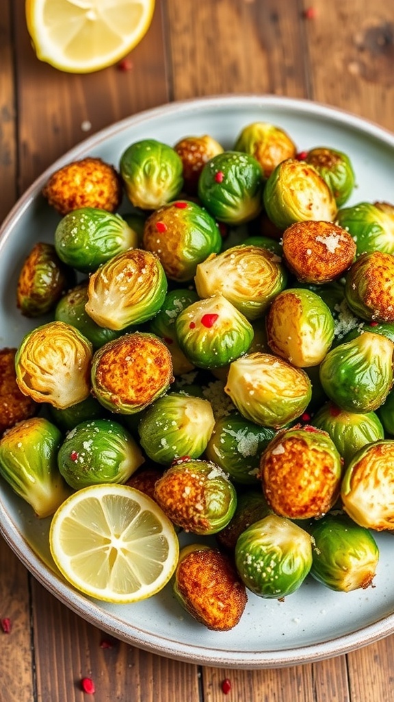 Crispy air-fried Brussels sprouts garnished with Parmesan and red pepper flakes on a wooden table with a lemon wedge.